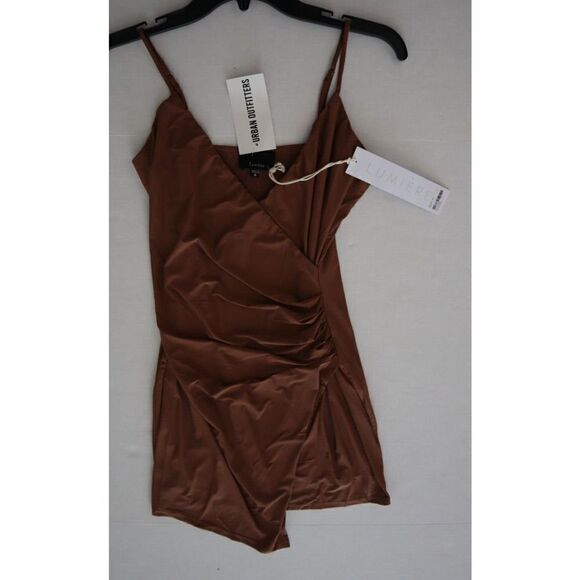 Urban Outfitters Women's Sz XS Cocoa Brown Lumiére Knit Faux Wrap Ruched Dress - Picture 3 of 8